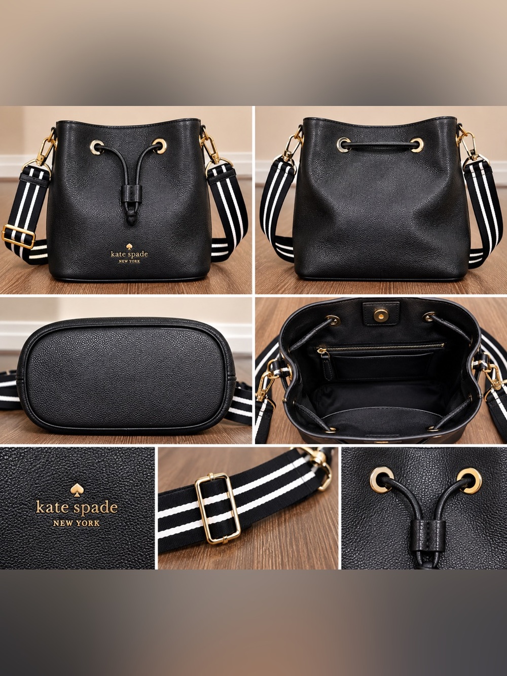 kate spade Black Pebbled Leather Bucket Bag with Striped Strap